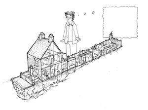 a biro drawing of my house with me standing in the background cartoon like